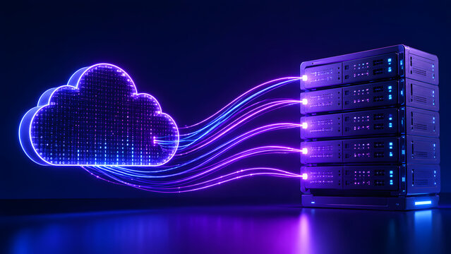 Glowing neon cloud computing symbol connected to a server rack via fiber optic light streams illustrating secure digital data storage and networking