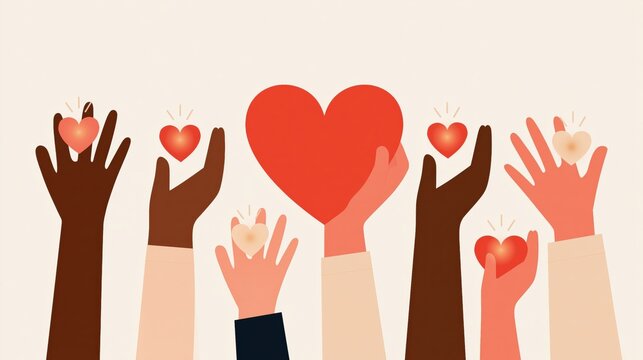 Diverse Hands Offering Hearts, Symbolizing Love, Charity, Unity, and Care
