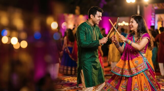 Joyful Indian Couple Dancing Garba During Vibrant Festival Celebration