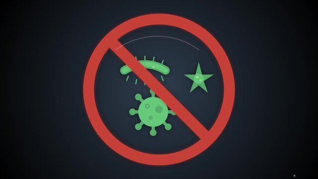 Antiviral Protection Animation of Stylized Green Microbes with Red Prohibition Sign