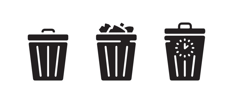 Black trash can vector icon with closed lid for garbage disposal and waste management graphic design.