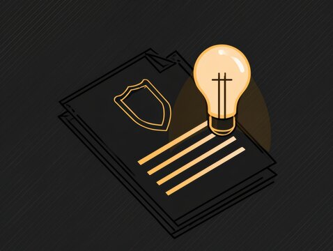 A illustration displays a patent document along with shield and lightbulb symbols. The design emphasizes compliance with intellectual property.
