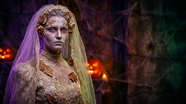Woman in ghost bride costume with pale zombie makeup and torn veil in dark gothic castle. Halloween horror concept for spooky party and scary celebration