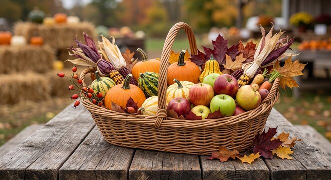 Wicker basket with pumpkins and autumn fruit on table