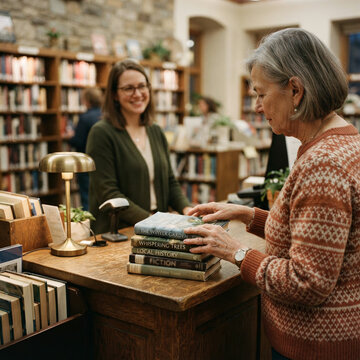 Bookstore counter displays stacked novels while two women chat near tall wooden shelves