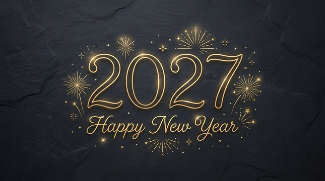 2027 happy new year neon sign with fireworks on black