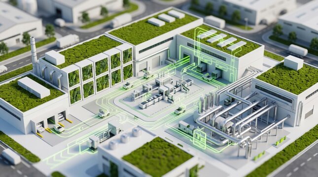 Aerial view of a sustainable industrial factory complex with green roof buildings and glowing neon green data flow lines connecting automated logistics and manufacturing machinery
