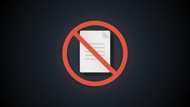 Prohibition sign over document icon on dark background for restricted access or file error concept.