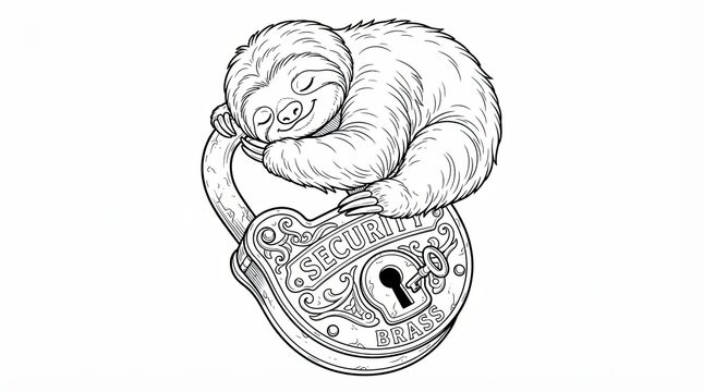 Cute sloth sleeping on a vintage metal security padlock illustration