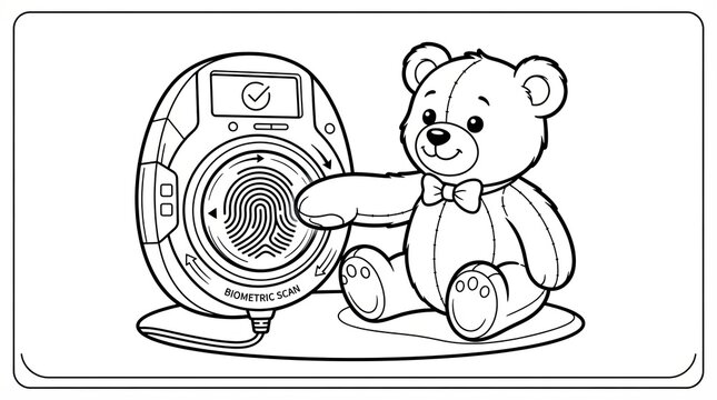 Cute teddy bear touching a biometric fingerprint scanner device