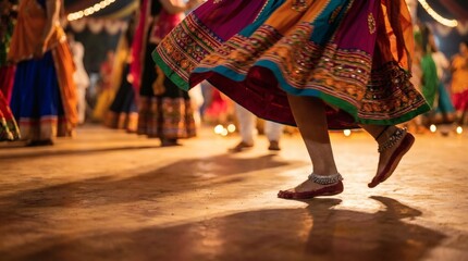 Obraz premium Joyful Feet Dancing in Traditional Indian Garba Attire at Festive Night