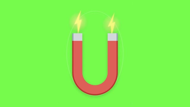 Red Horseshoe Magnet with Electric Sparks and Magnetic Field Animation on Green Screen