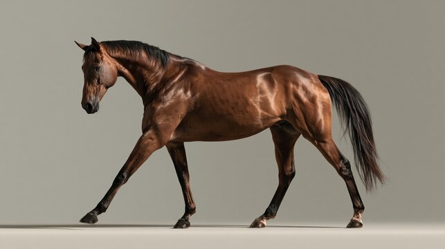 Graceful Brown Horse Trotting in Studio Against Neutral Background