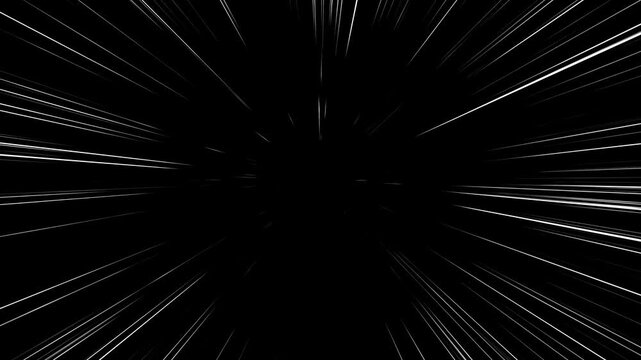 Black and white anime speed lines overlay with centered radial bursts, sharp motion rays, comic action effects, fast acceleration trails, dynamic black background, seamless 4K animation.