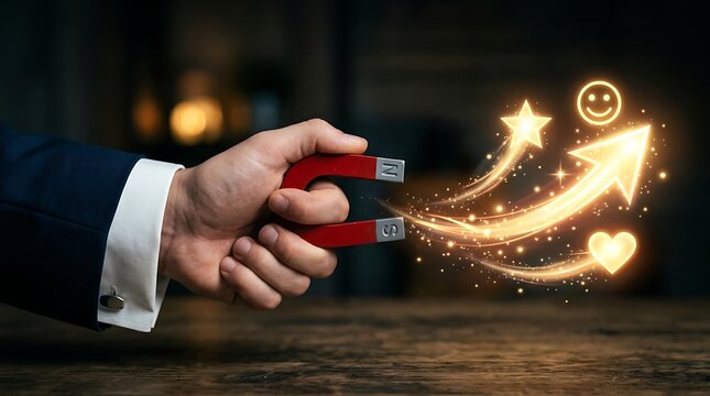 Businessman hand using a magnet to attract customer satisfaction and positive feedback icons.