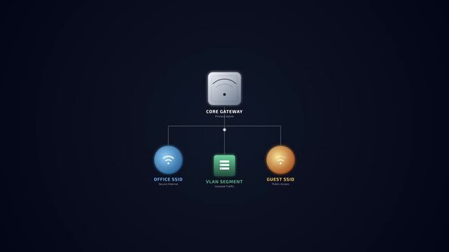 Network infrastructure diagram animation showing core gateway with office guest and vlan segments
