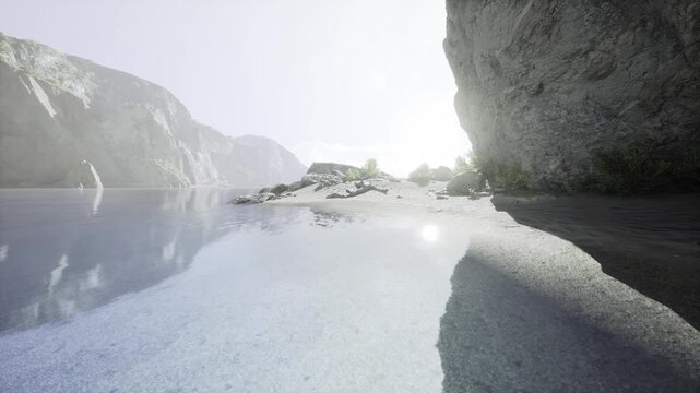 Sunlit pebble shore with sparkling sea and bright glare, backlit cliffs and white stones create minimal, uplifting summer atmosphere for wellness and escape