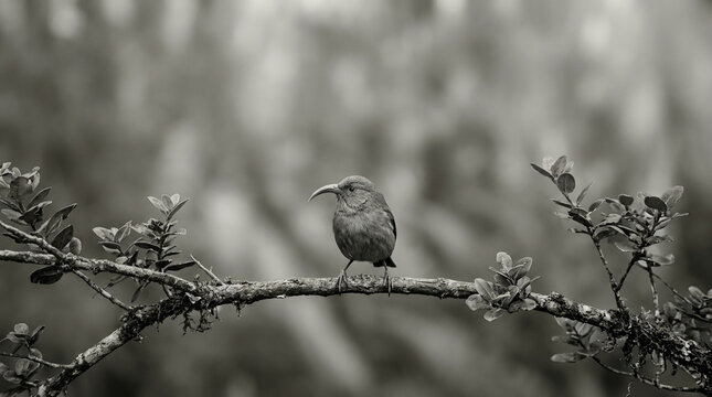 Monochrome sunbird perched on a small leafed branch in high contrast light