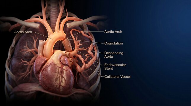 3D Medical Illustration of Human Heart and Aorta with Coarctation and Endovascular Stent