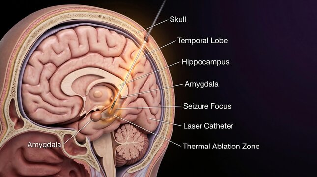 3D Medical Illustration of Laser Catheter Treatment for Epilepsy in the Temporal Lobe