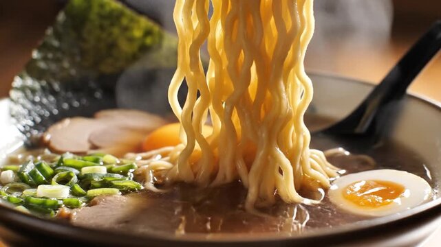 Chopsticks Lifting Hot Steaming Ramen Noodles from a Bowl with Egg