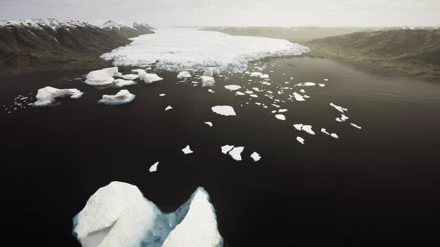 Antarctic dark sea dotted with floes, dramatic contrast highlighting open water lanes between ice, foreground berg fragments and reflective surfaces ideal
