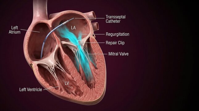 3D Medical Illustration of Transseptal Catheter and Repair Clip for Mitral Valve Surgery