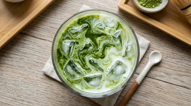 A refreshing glass of iced matcha green tea latte with milk and ice cubes served on a rustic wooden table top view