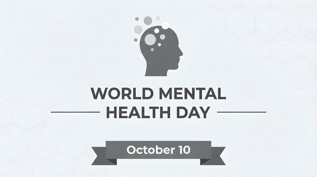 A minimalist graphic design featuring a human head silhouette with floating icons for world mental health day observed annually on the tenth of october globally