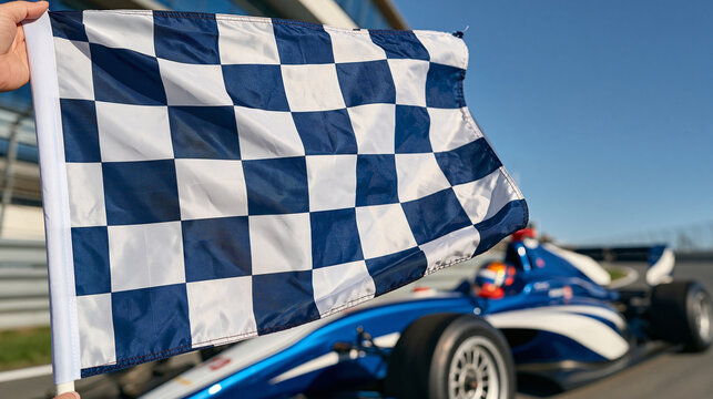 Cinematic macro view of a checkered flag rippling in crisp detail, high-performance Formula style cars racing past behind it in dramatic motion blur, bright afternoon sun creating reflections on hel