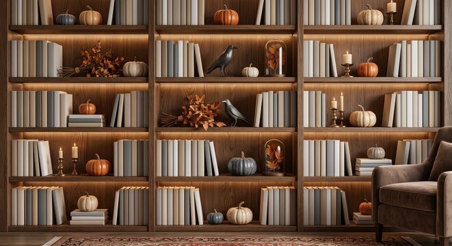 Large wooden bookshelf filled with books and autumn pumpkins