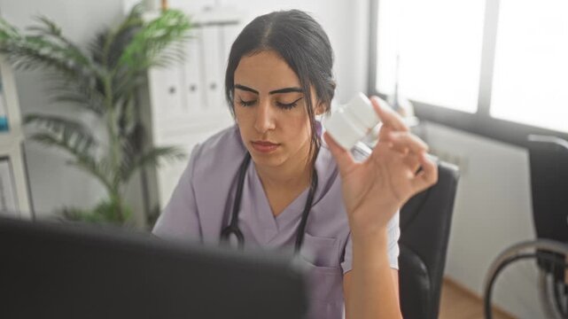 Young woman doctor holding pill bottle and studying it while viewing a computer in an office building; concentration care.