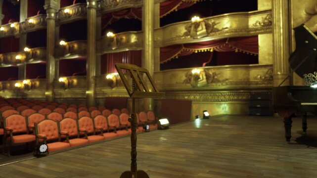 Empty stage with music stand and piano in ornate opera house, warm golden lighting, red velvet seats, gilded balconies, polished wooden floor, silent