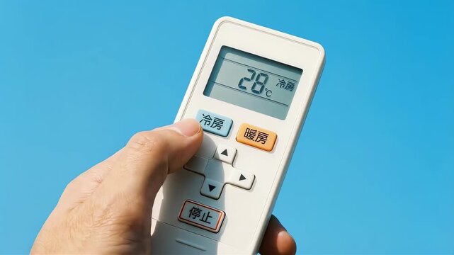 青空をバックに手元で操作するエアコンのリモコン画面