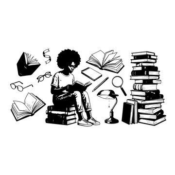Black and white vector illustration of student sitting on book stack reading