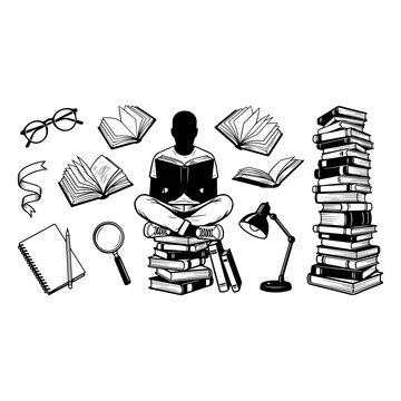 Black and white vector illustration of student sitting cross legged reading
