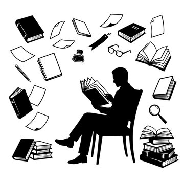 Man sitting on a chair reading a book surrounded by flying papers and books