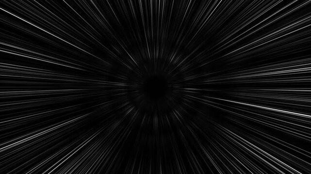 White anime motion zoom lines racing toward the center, comic book action effect, sharp radial streaks, dynamic acceleration trails, black background, seamless loop animation, 4K.