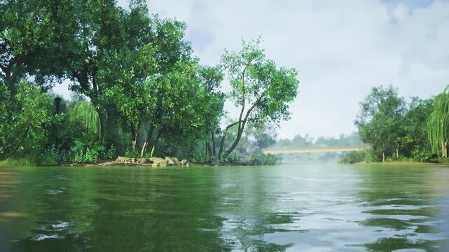 Sunlit river channel with bright reflections and distant tree line, clear water surface with lily pads near foreground, vibrant green foliage and open sky,