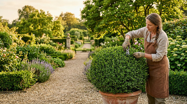 Gardener trimming a potted topiary shrub with shears in a formal hedge garden