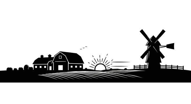Vintage farm landscape silhouette, rustic barn and windmill at sunrise, rural countryside panoramic vector illustration isolated on White Background