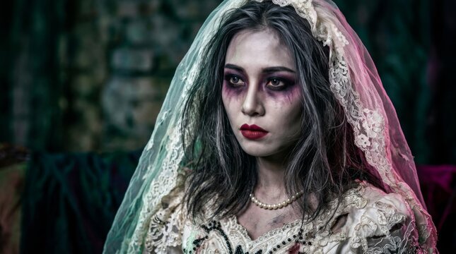 Asian woman in a spooky ghost bride costume, wearing a gothic veil and terrifying makeup. A Halloween portrait of a zombie bride. A sinister dead bride look for a festive party.