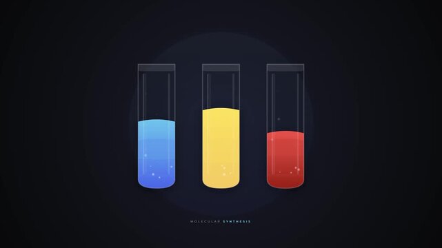 Vector illustration of laboratory test tubes with blue, yellow, and red liquids on dark background.