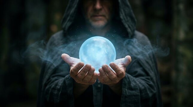Mysterious wizard in a dark hooded cloak holding a glowing magical crystal ball in hands