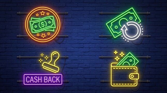 Four neon signs depicting financial cash back concepts on a dark blue brick wall