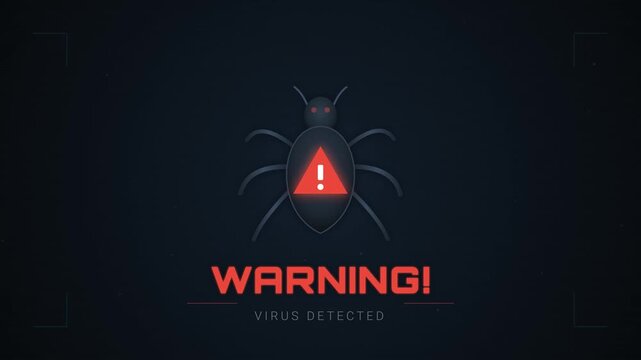 Cyber security warning alert interface featuring a bug icon and virus detected message on screen