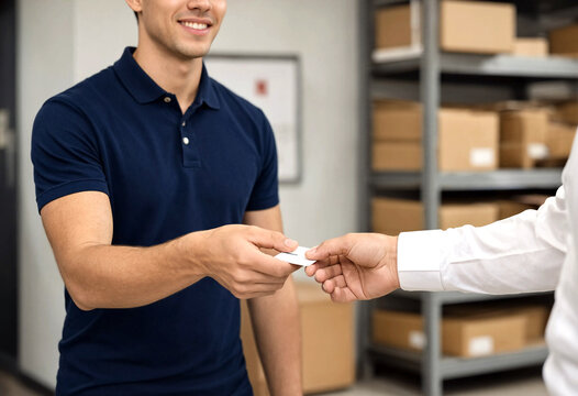 Smiling delivery worker in a navy polo shirt handing over a business card in a warehouse setting