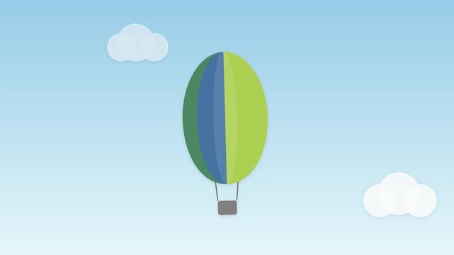 Minimalist 2D Animation of a Green and Blue Hot Air Balloon Soaring Through a Clear Sky