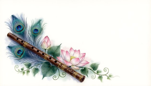 Traditional wooden bansuri flute decorated with intricate golden engravings placed beside vibrant iridescent peacock feathers and blooming soft pink lotus flowers 