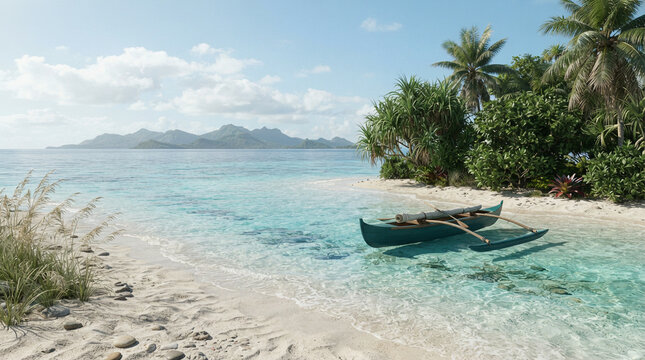 Outrigger canoe resting in shallow turquoise water off a tropical shore
